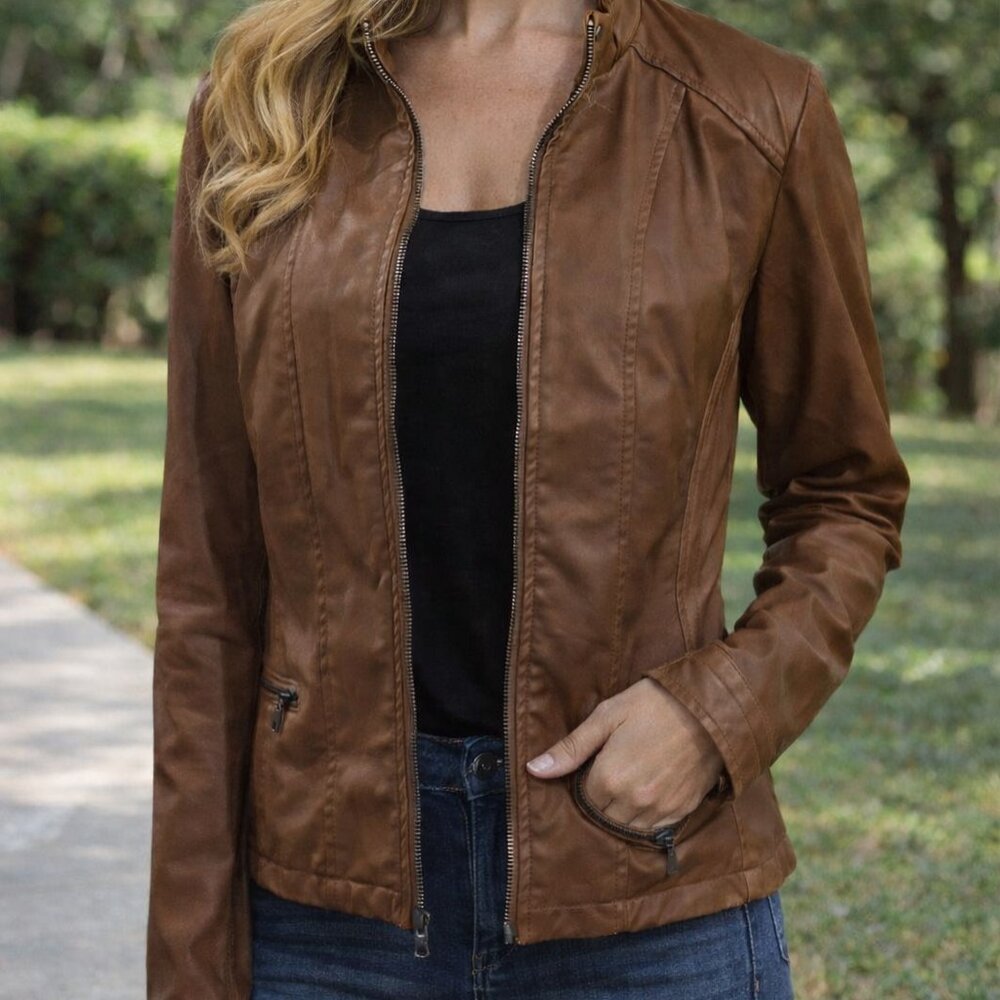 Miss Lili XL Women's Sleek Brown Faux Leather Moto Jacket Zip Front Pockets